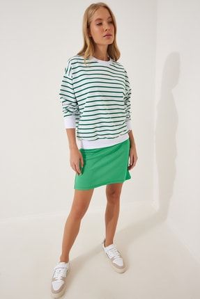 Kadın Yeşil Beyaz Çizgili Mevsimlik Örme Sweatshirt EN00590