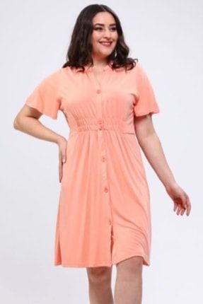 Somon Renk Penye Elbise Rahat Kalıp Önü Düğmeli Şık Ve Kaliteli ELN2021