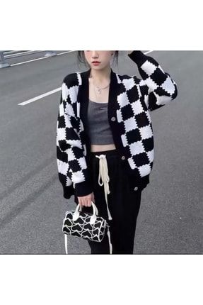 Tarz Sokak Stili Harajuku Oversize Siyah Beyaz Ekoseli Unisex Hırka 6SDFG3