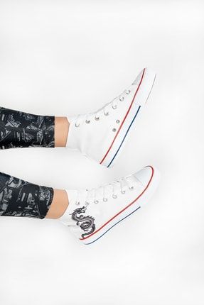 Unisex Beyaz Ejderha Baskılı Convers Keten Bilekli Sneaker Spor Ayakkabı EJDRH093