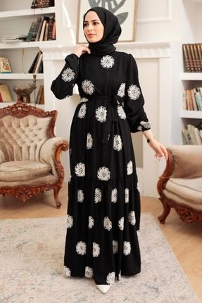 - Çiçek Desenli Siyah Tesettür Elbise 10281s KYL-10281