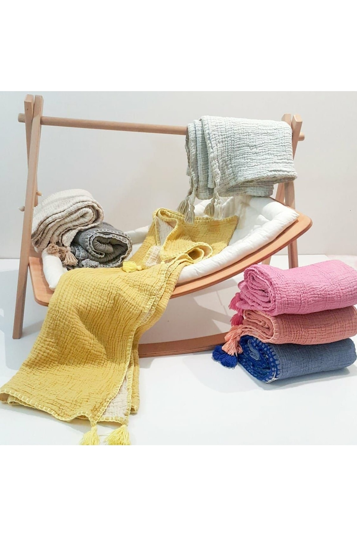 YASEMİNİNEVİ Sarı-ekru Bebek Müslin Örtü, 4 Kat 100% Pamuk Müslin fotoğrafı 3 (önizleme)