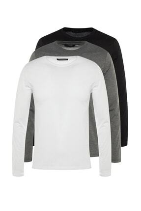 TRENDYOL MAN &Ccedil;ok Renkli Erkek Regular Fit Bisiklet Yaka Uzun Kollu 3'l&uuml; Basic Paket T-Shirt TMNAW21TS0197