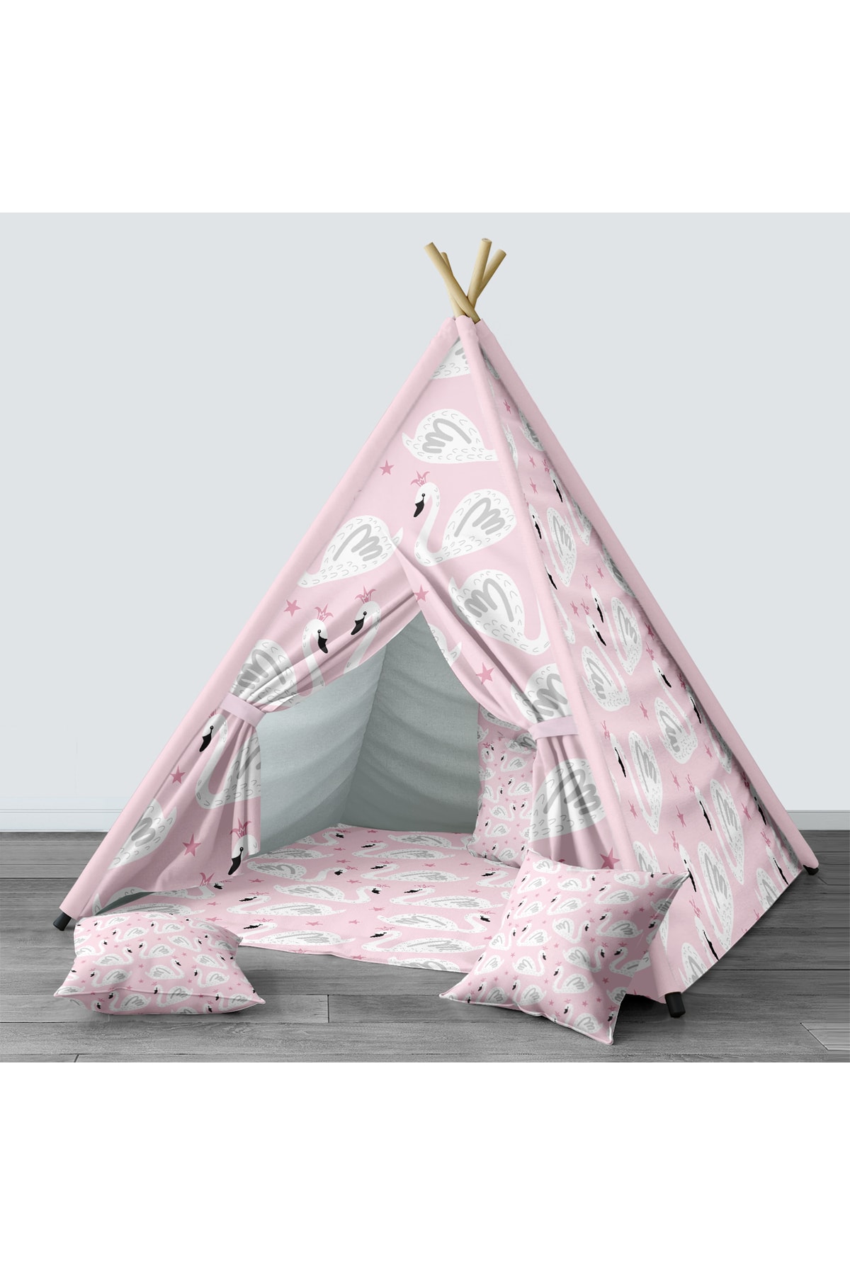 Tinybabyconcept Çocuk Odası Kızıldereli Çadır Katlanabilir Çocuk Oyun Çadırı Oyun Evi Kuğu Desenli 016