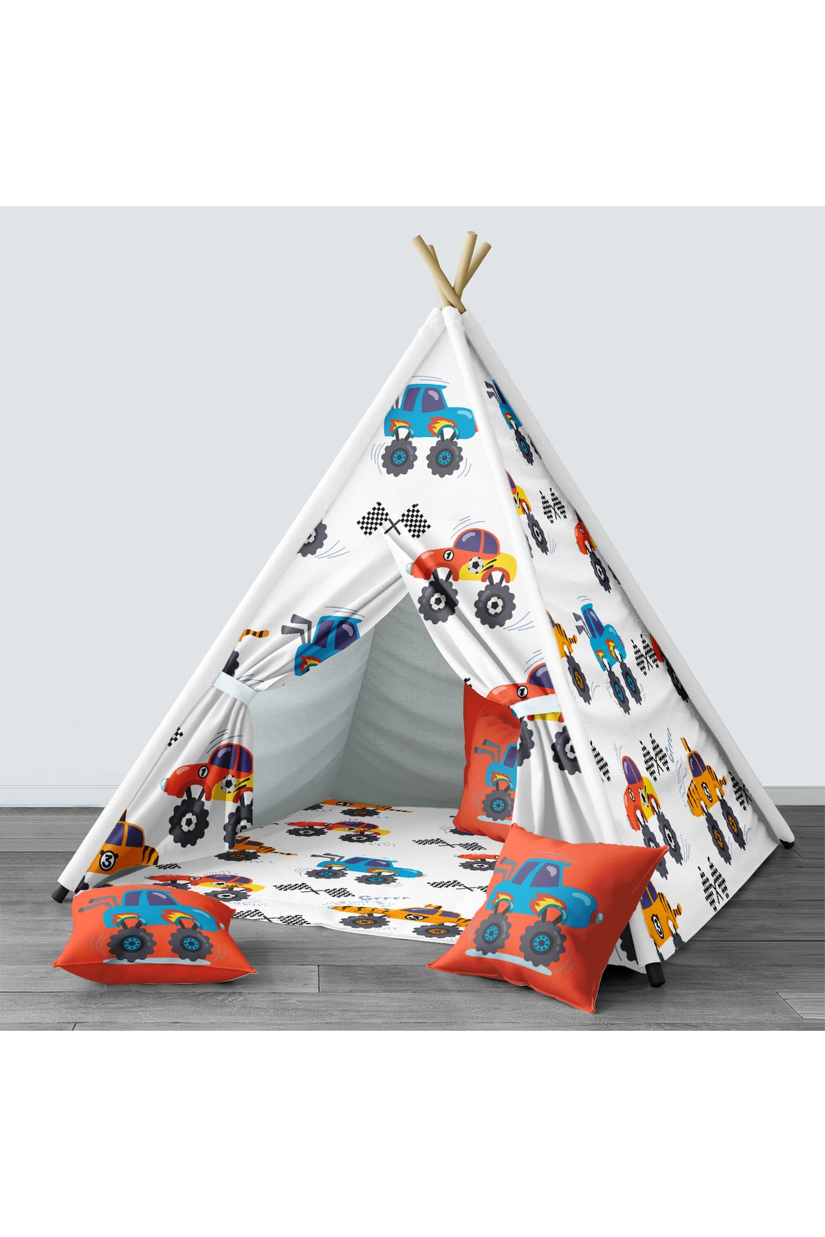Tinybabyconcept Çocuk Odası Kızıldereli Çadır Katlanabilir Çocuk Oyun Çadırı Oyun Evi Araba Desenli 049