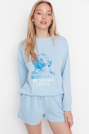 Mavi Slogan Baskılı Örme Pijama Takımı THMAW22PT0618