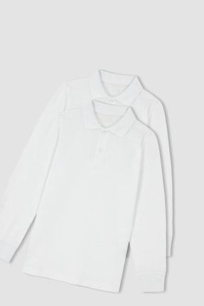 Unisex Çocuk Polo Yaka T-shirt 2 Li Paket Beyaz POLOYAKAUZUN2
