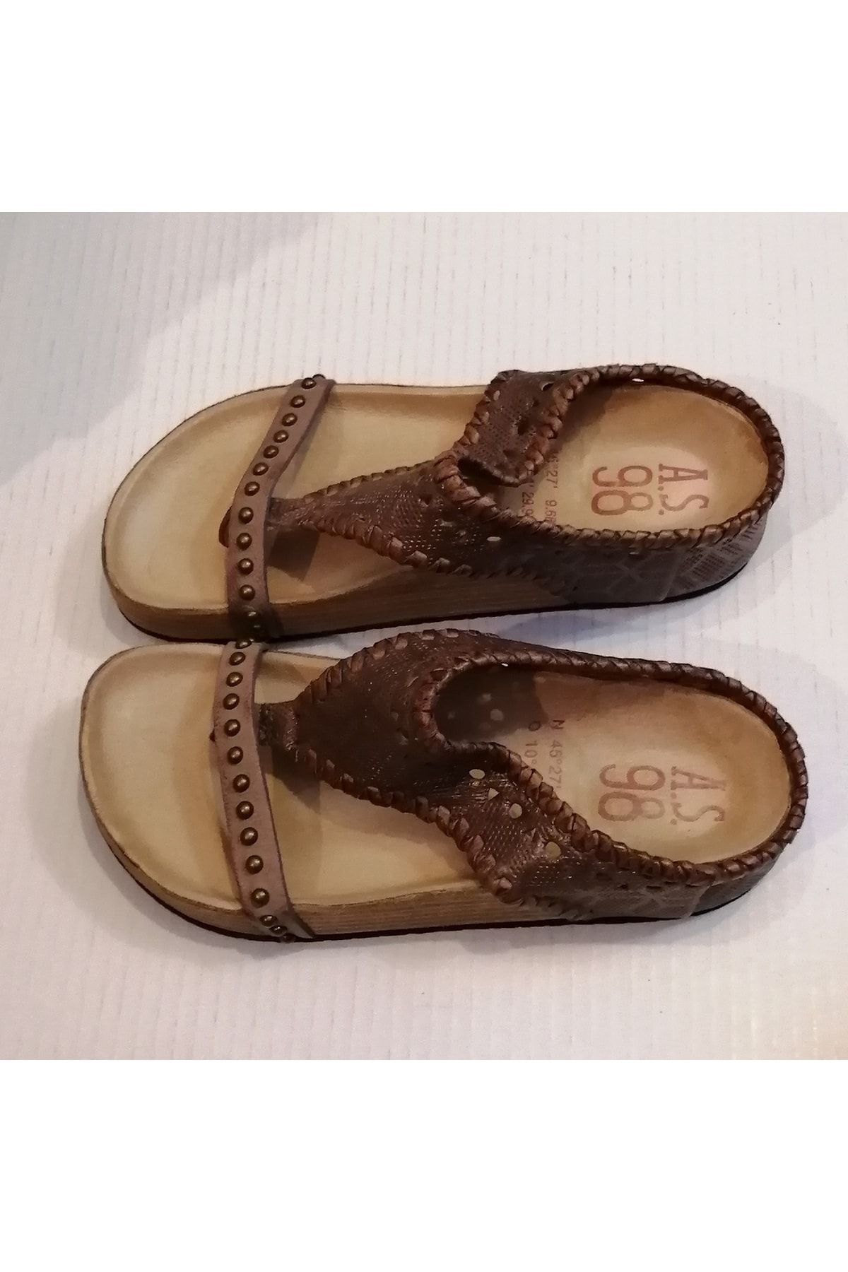 AS 98-Women's Genuine Leather Print Pattern Bronze Handmade Spiral Leather Ribbed Wedge Sole Flip Flops 3