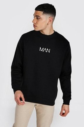 Erkek Siyah Man Baskili Oversize Sweatshirt TWMANSWT-TS