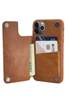 Iphone 13 Pro Max Ile Uyumlu Kartlıklı Kılıf Wallet Deri Kartvizitli Mıknatıslı Cüzdan Kahverengi Kartvizitli1