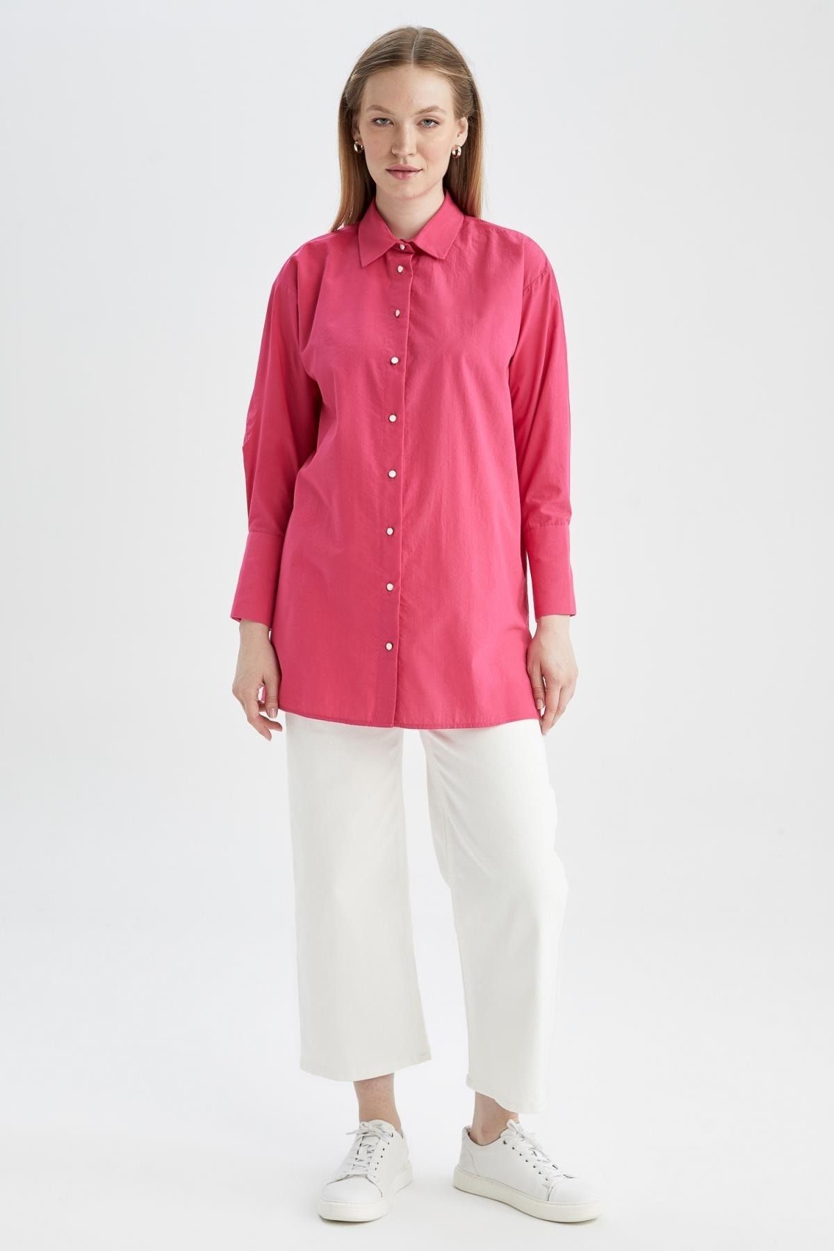 DeFacto-Relax Fit Basic Long Sleeve Poplin Shirt Tunic 4