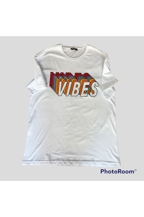 Beyaz Vibes Yazılı Baskılı Oversize T-shirt 1517aai