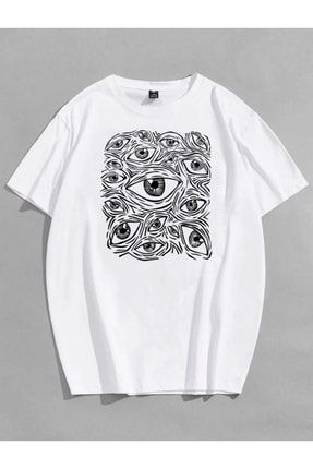 Oversize Unisex Eyes Baskılı T-shirt %100 Pamuk mdl-tshirt-160