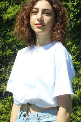 Kadın Beyaz Pamuk Örme Oversize Crop T-shirt NM3460-10