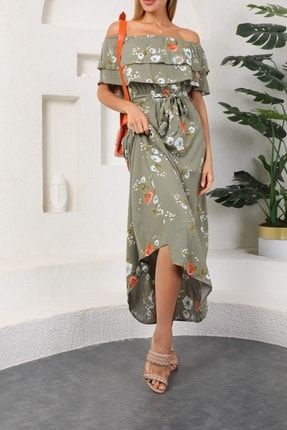 Yeşil Carmen Yaka Çiçek Desenli Uzun Yazlık Kadın Elbise 22S0151