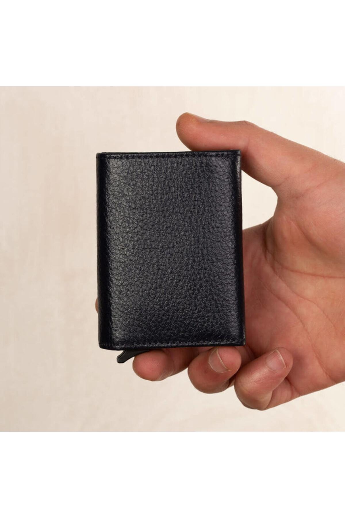 Anı Yüzük-Men's Black RFID Protected 100% Genuine Original Mechanism Leather Wallet Card Holder Paper Money Compartment 4