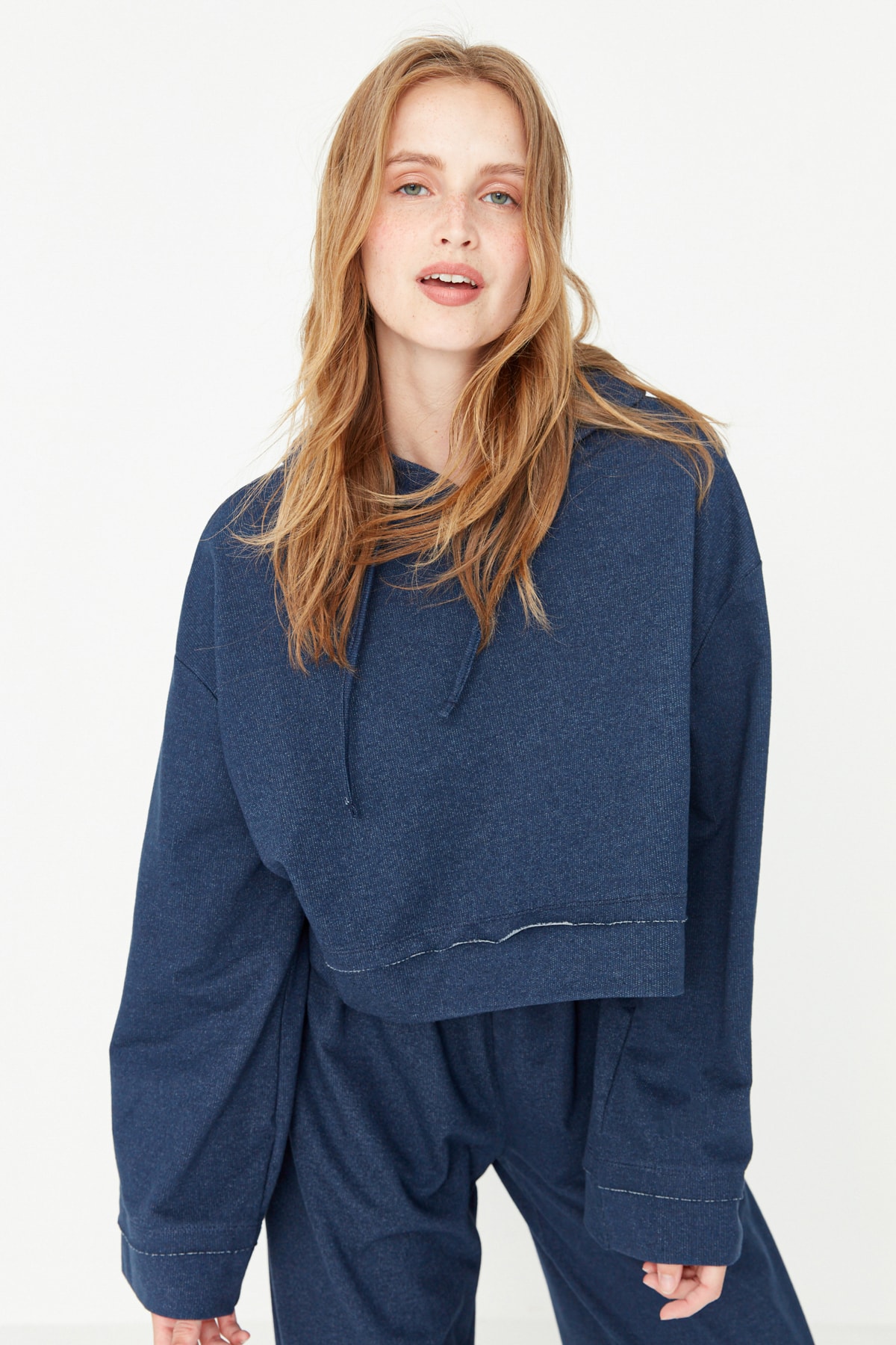 Trendyol Collection Navy Blue Hooded Wide Fit Knitted Pajamas Set Twoss21Em0026