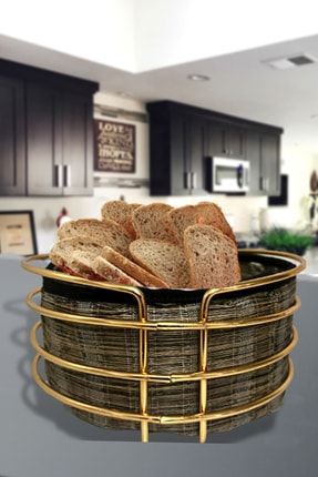 Yuvarlak Ekmeklik Ekmek Sepeti Çok Amaçlı Lüx Gold Paslanmaz Sepet Şerit Kumaşlı KS1051