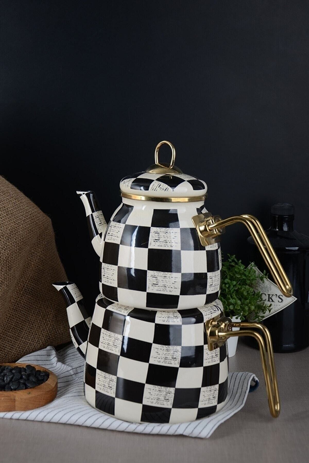 Bayev-Elite Class Checkerboard Enamel Teapot - Black and White Stylish Design Teapot 1