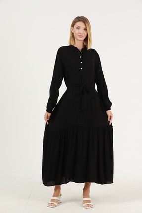 Siyah Eteği Fırfırlı Uzun Viskon Vual Patlı Tesettür Elbise SİYAHDÜZFIRFIR1991