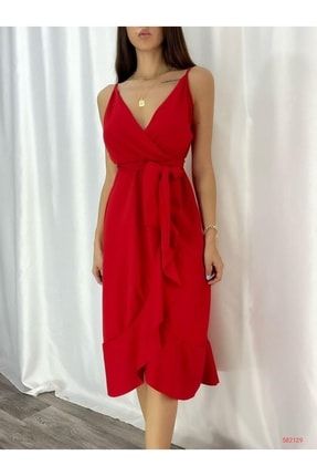 Kadın Kırmızı Beli Kuşaklı Kruvaze Midiboy Elbise B-10599a6933aaa5dc1725