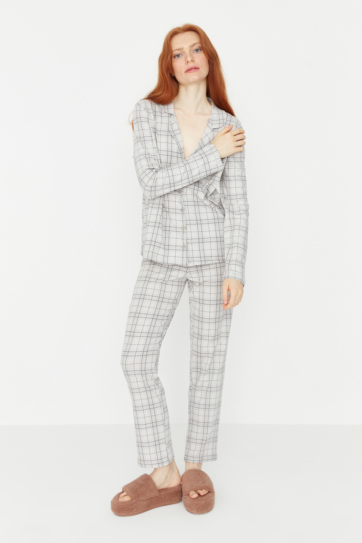 Trendyolmilla  Gri %100 Pamuklu Ekoseli Örme Pijama Takımı THMAW20PT0266 - Görsel 5