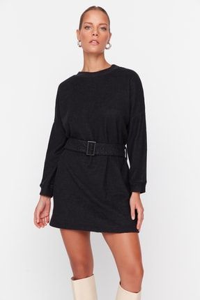 Siyah Kemerli Yumoş Mini Örme Elbise TWOAW23EL00659