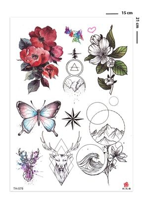 Papillon Çiçek Ve Kelebek Desenli Karışık Geçici Dövme TH-578