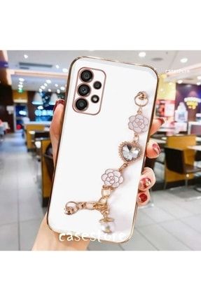 Samsung Galaxy A33 5g Kılıf Kamera Korumalı Parlak Gold Kenarlı Kristal Taşlı Arkası Bileklikli Taka-21