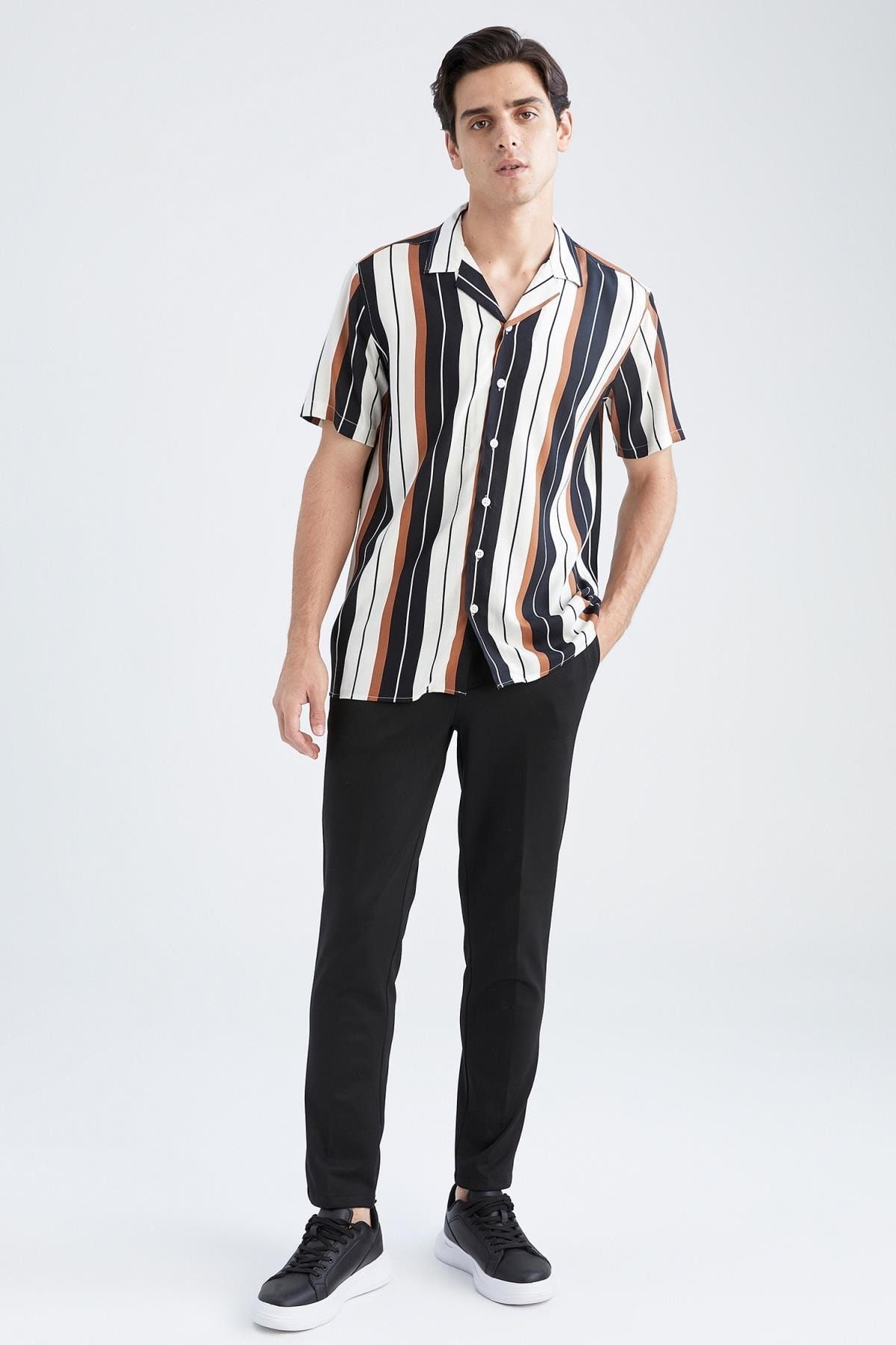 Defacto Regular Fit Crochet Collar Stripe Patterned Short Sleeve