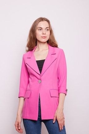 Kadın Pembe Renk Metal Düğme Spor Kumaş Blazer Ceket 30050