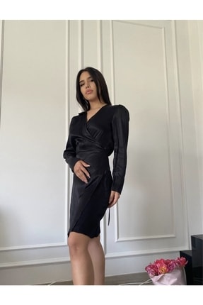 Siyah Saten Elbise, V Yaka Uzun Kol Ka2298021
