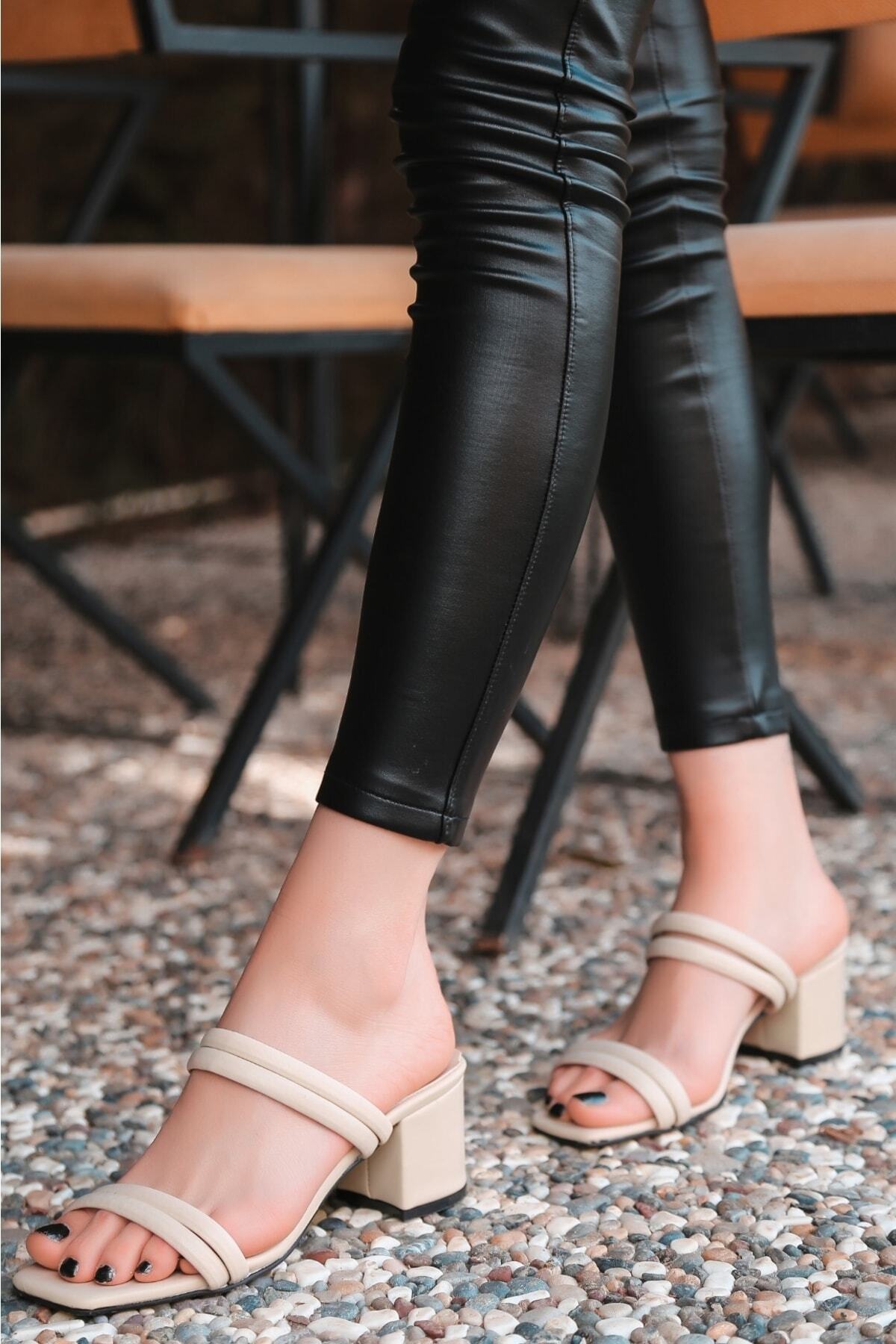 Kadın Krem Renti Krem Cilt Topuklu Terlik