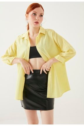 Kadın Sarı Oversize Uzun Basic Gömlek ybgd01