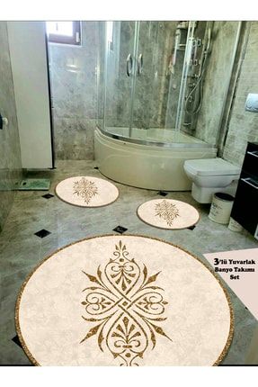 Damask - Krem, Kaymaz Taban Bambu Kumaş 3'lü Yuvarlak Banyo Halısı(110X110-50X50-50X50) ARB9999