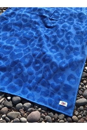 Leopar Desenli Mavi Kadife Jakarlı 80x160cm %100 Pamuk Plaj Havlusu PHLD0001