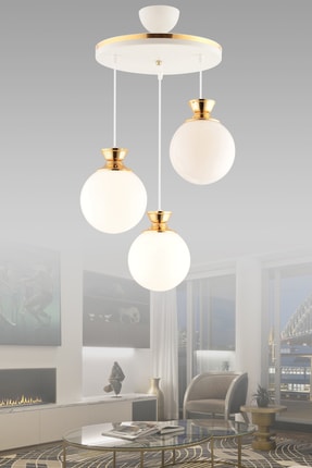 GYK LİGHT Dilara 3 Lü Tepsi Beyaza Gold Yuvarlak Camlı Salon Avizesi