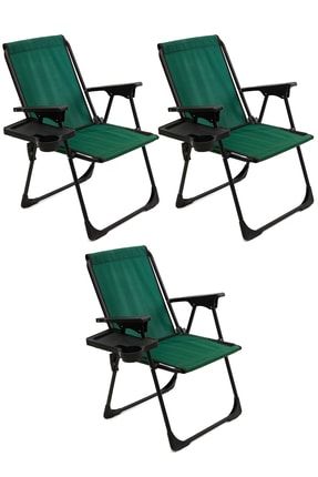 3 Adet Kamp Sandalyesi Katlanır Piknik Sandalye Dikdörtgen Bardaklıklı Yeşil mnv_3KPSDB