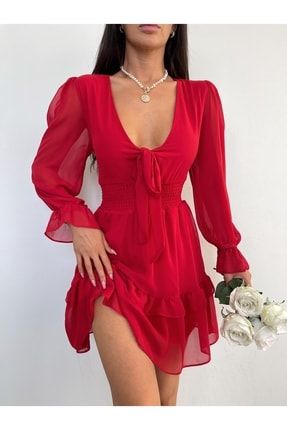 Beli Gipeli Uzun Kol Şifon Kırmızı Elbise mk841