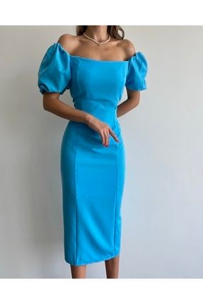 Balon Kol Tasarım Elbise Mavi MST012