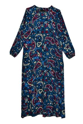 Kadın Tesettür Petrol Mavisi Dokuma Viskon Şal Desenli Elbise Uzunkollu Beşgen Yaka Anne Elbise 5731 56801