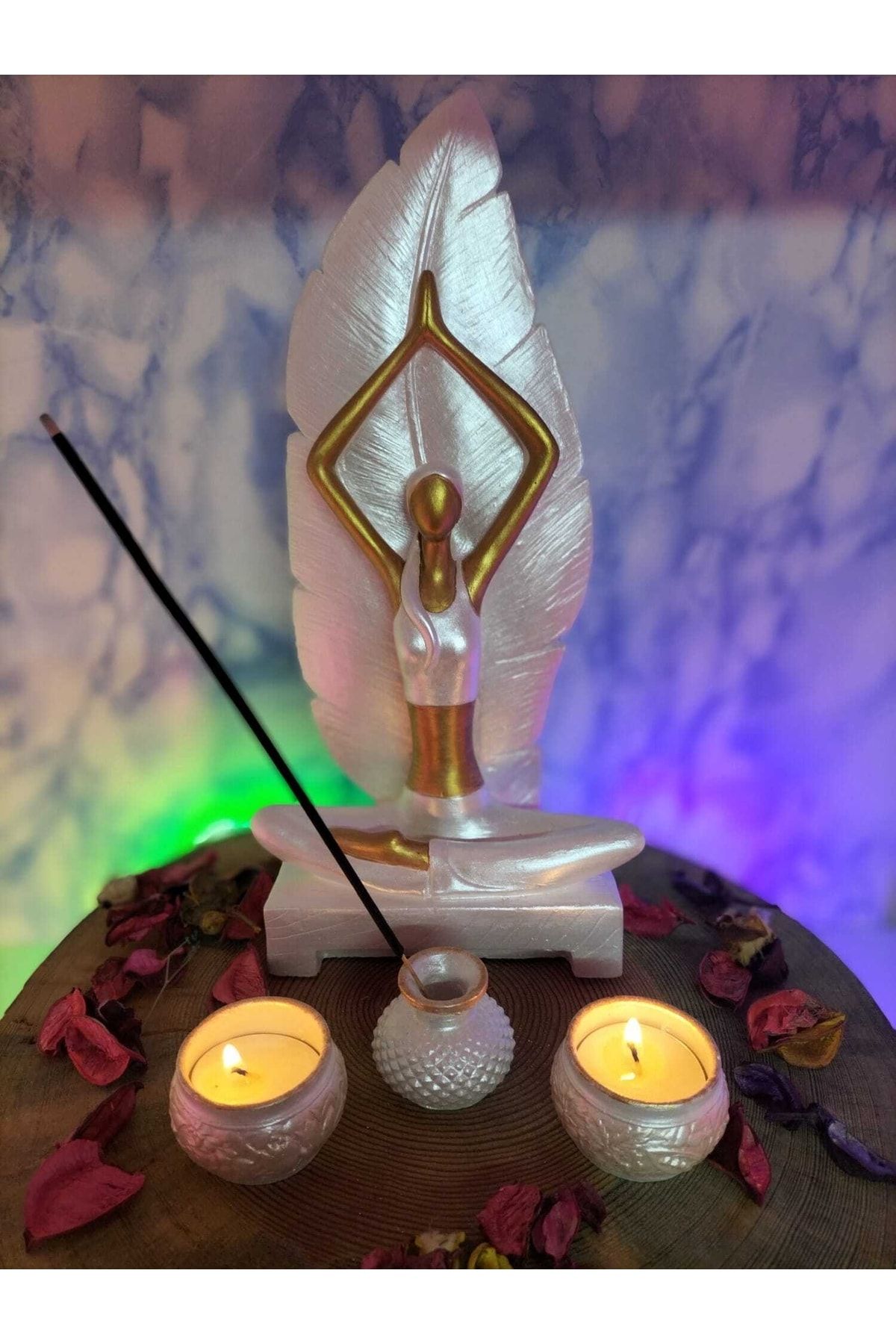 Yoga Yapan Kız Tütsülük Ve Mumluk Sedefli Beyaz&altın Set 2