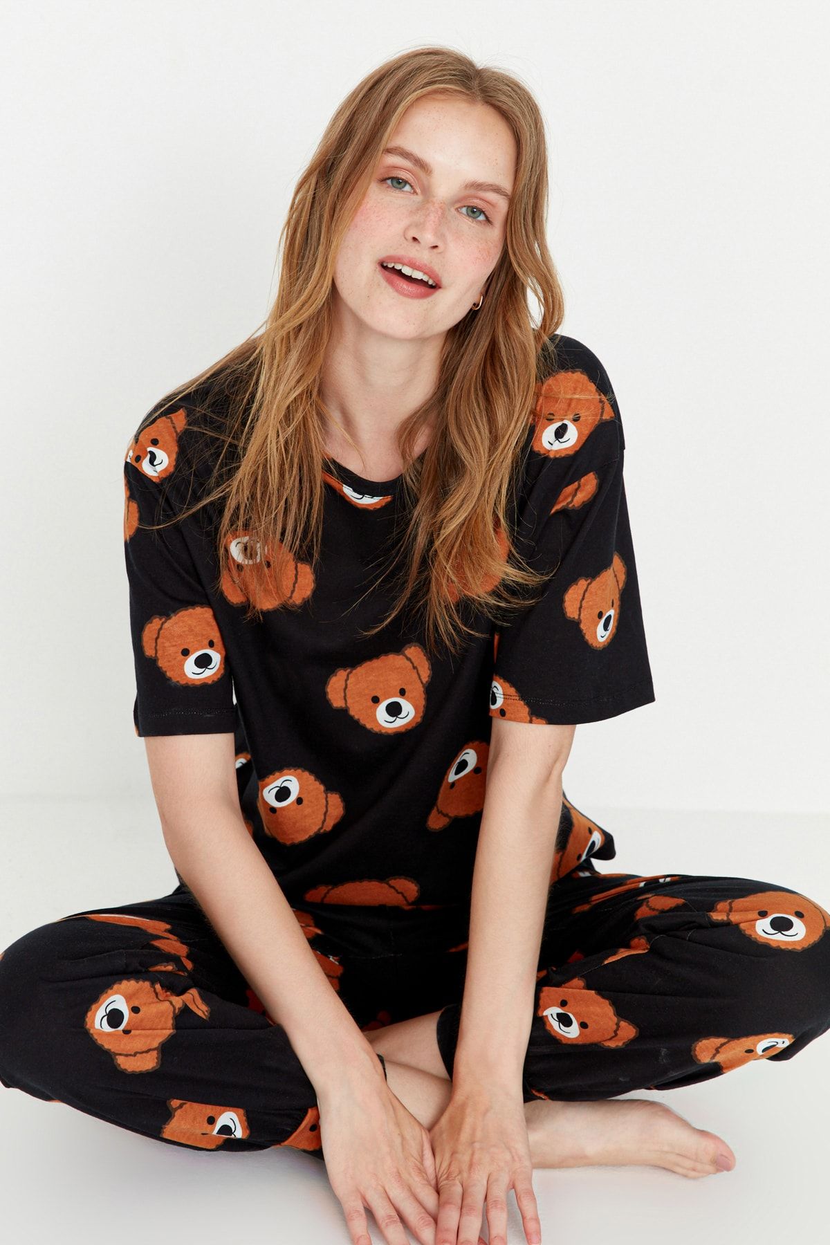 Trendyol Collection-Schwarzes Baumwoll-Pyjama-Set für Paare mit Teddybär, THMSS21PT0195 5