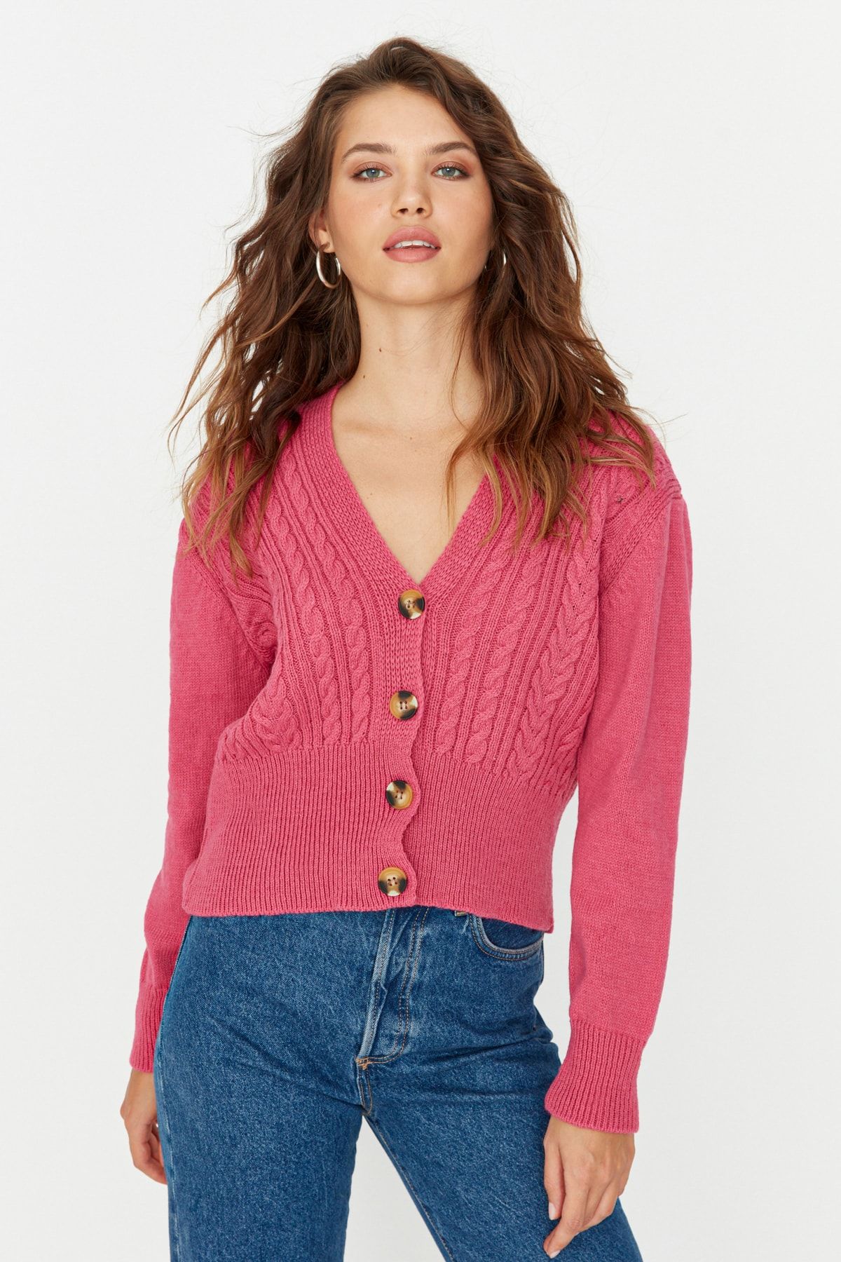 Trendyol Collection Strickjacke Rosa Figurbetont Fast ausverkauft