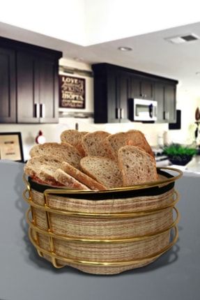 Yuvarlak Ekmeklik Ekmek Sepeti Çok Amaçlı Lüx Gold Paslanmaz Sepet Şerit Kumaşlı KS1051