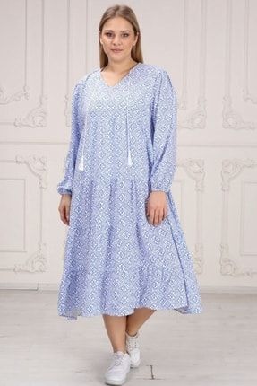 Kadın Mavi Desenli Battal Büyük Beden Elbise EYMT33