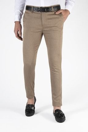 Erkek Kahverengi Slim Fit Italyan Dar Kesim Keten Pantolon 9Y-2200203-002