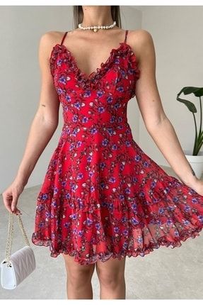 Kadın Çiçek Desenli Sırtı Çapraz Göğsü Ve Etek Ucu Fırfırlı Şifon Mini Elbise FPR2619
