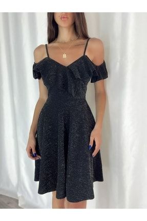 Işıltılı Siyah Krep Kumaş Volan Detaylı Ince Askılı Kiloş Abiye Elbise Gece Elbisesi 701 DNM-EMR-077