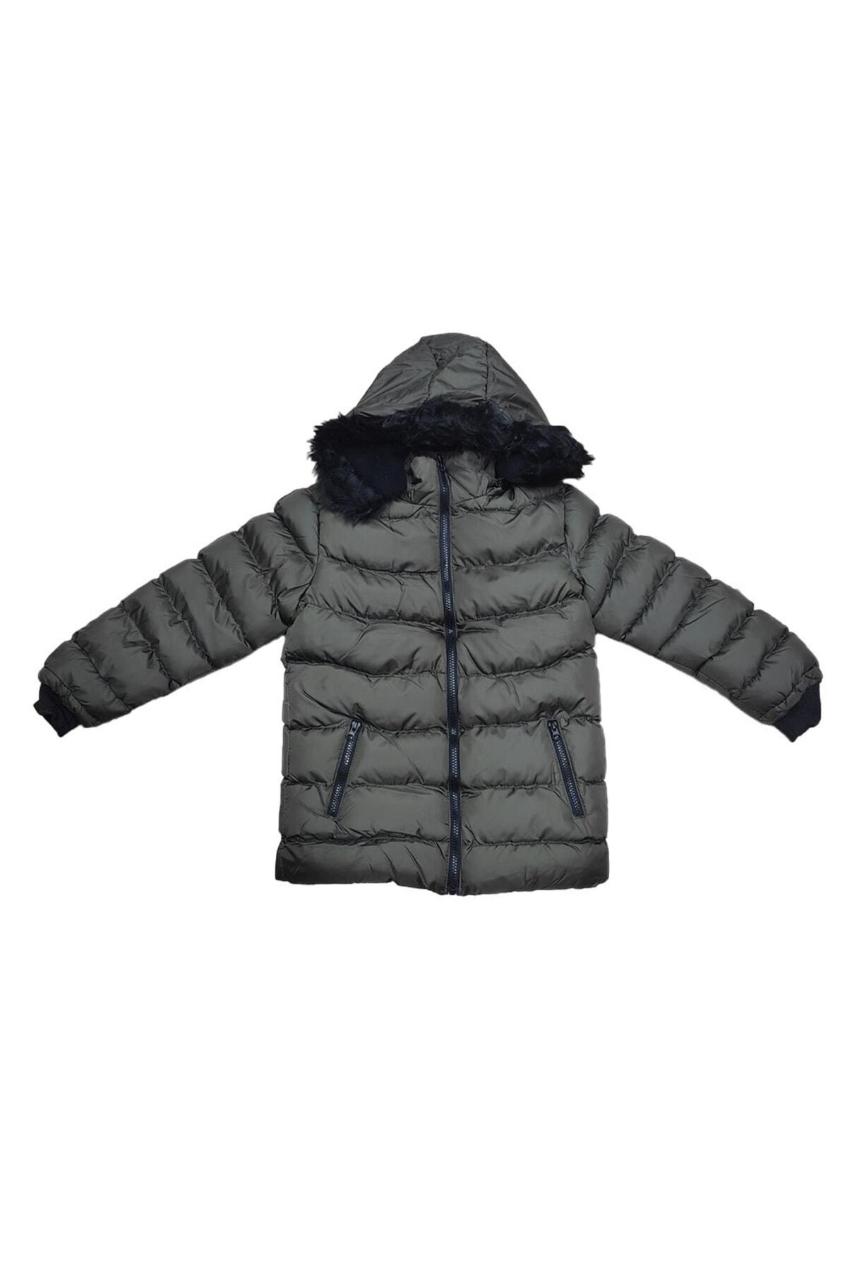  کاپشن پفی کلاه دار خزدار پسرانه طرح راه راه، جیب زیپ دار، کد ۴۰۰۱